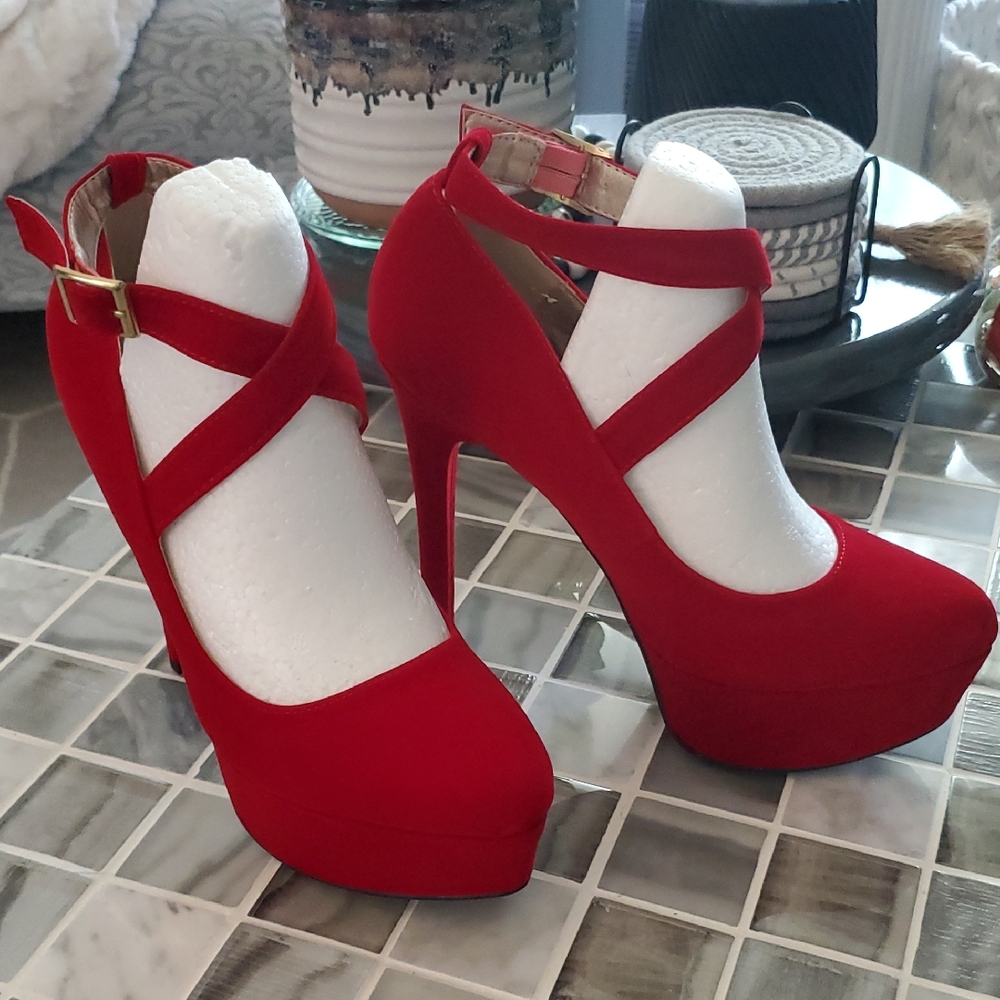 Qupid Red Velvet Platform Heels